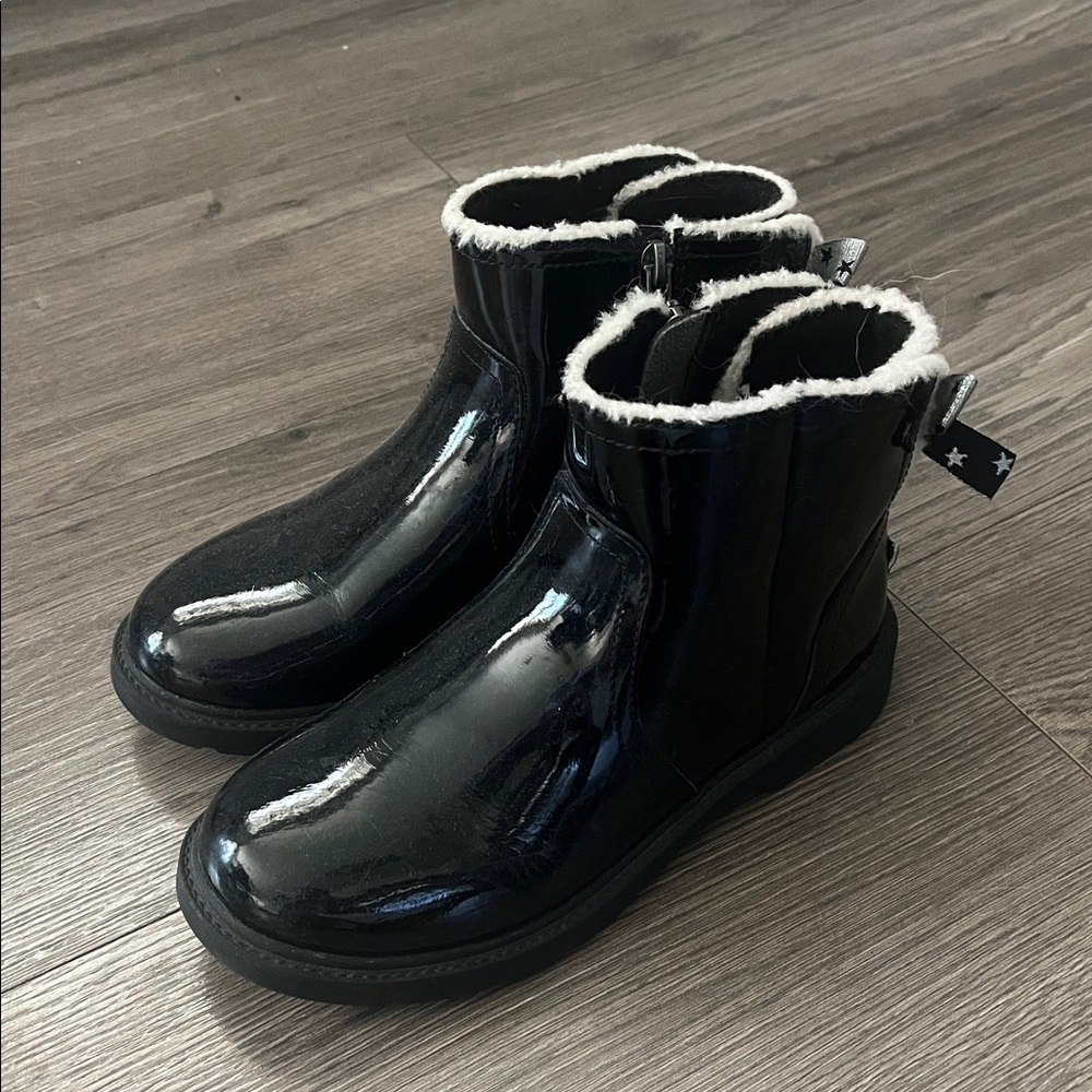 UGG Black Patent Leather Boots with White Trim